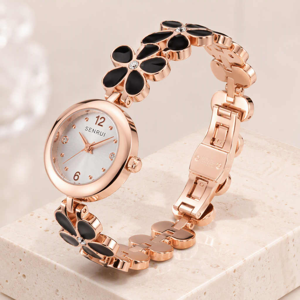 French Retro Black Enamel Camellia Flower Bracelet Watch for Women - Rose Gold Floral Chain Crystal Accent Hepburn Chic Timepiece — photo 7