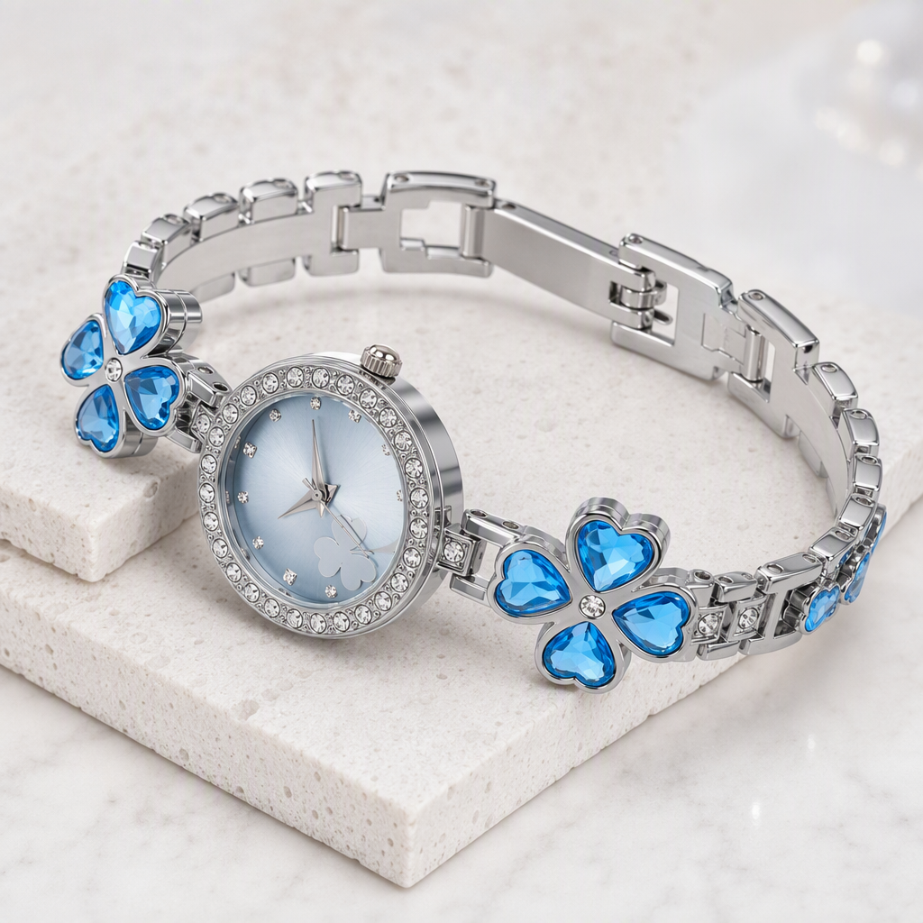Lucky Four-Leaf Clover Crystal Bracelet Watch for Women - Heart-Cut Ocean Blue Crystal Rhinestone Halo Bangle Timepiece — photo 4