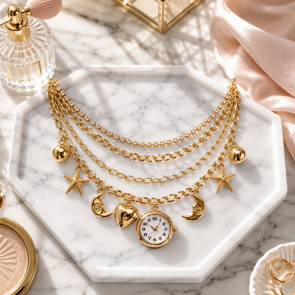 Celestial Multi-Layer Charm Necklace Watch for Women - Star Moon Heart Dangle Charms Layered Bracelet Timepiece — photo 6