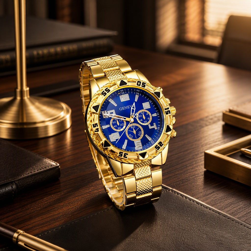 GENEVA Men's Luxury Gold Chronograph Watch - Royal Blue Sunray Dial with Textured Metal Bracelet — photo 3