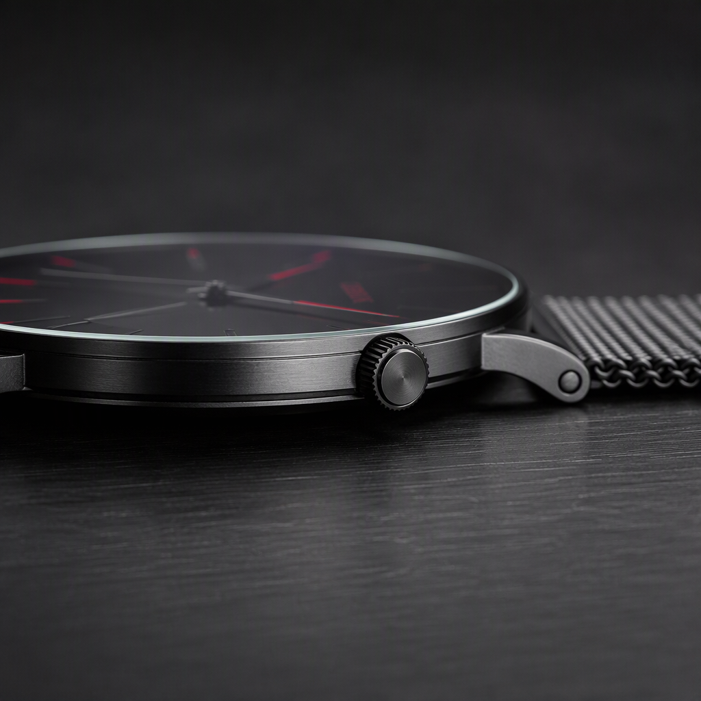 GENEVA Ultra-Thin Minimalist Men's Watch - Matte Black Dial with Crimson Red Accents & Milanese Mesh Steel Band — photo 2