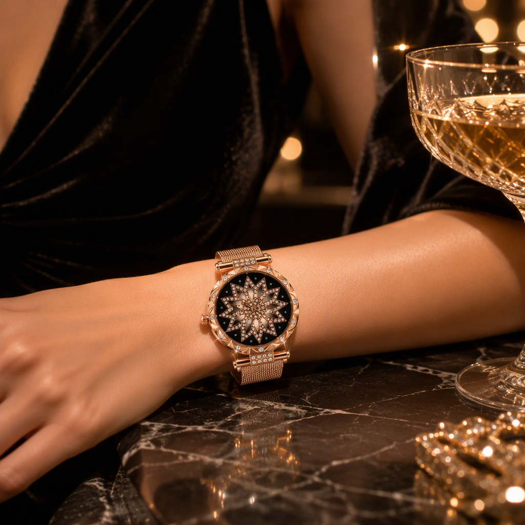Sparkling Diamond Lotus Mandala Watch for Women - Rose Gold Milanese Mesh Strap Starburst Crystal Accented Luxury Timepiece — photo 4