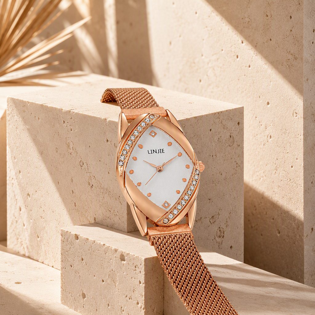 Avant-Garde Marquise Diamond Watch for Women - Rose Gold Crossover Crystal Curve Case Milanese Mesh Strap Timepiece — photo 3