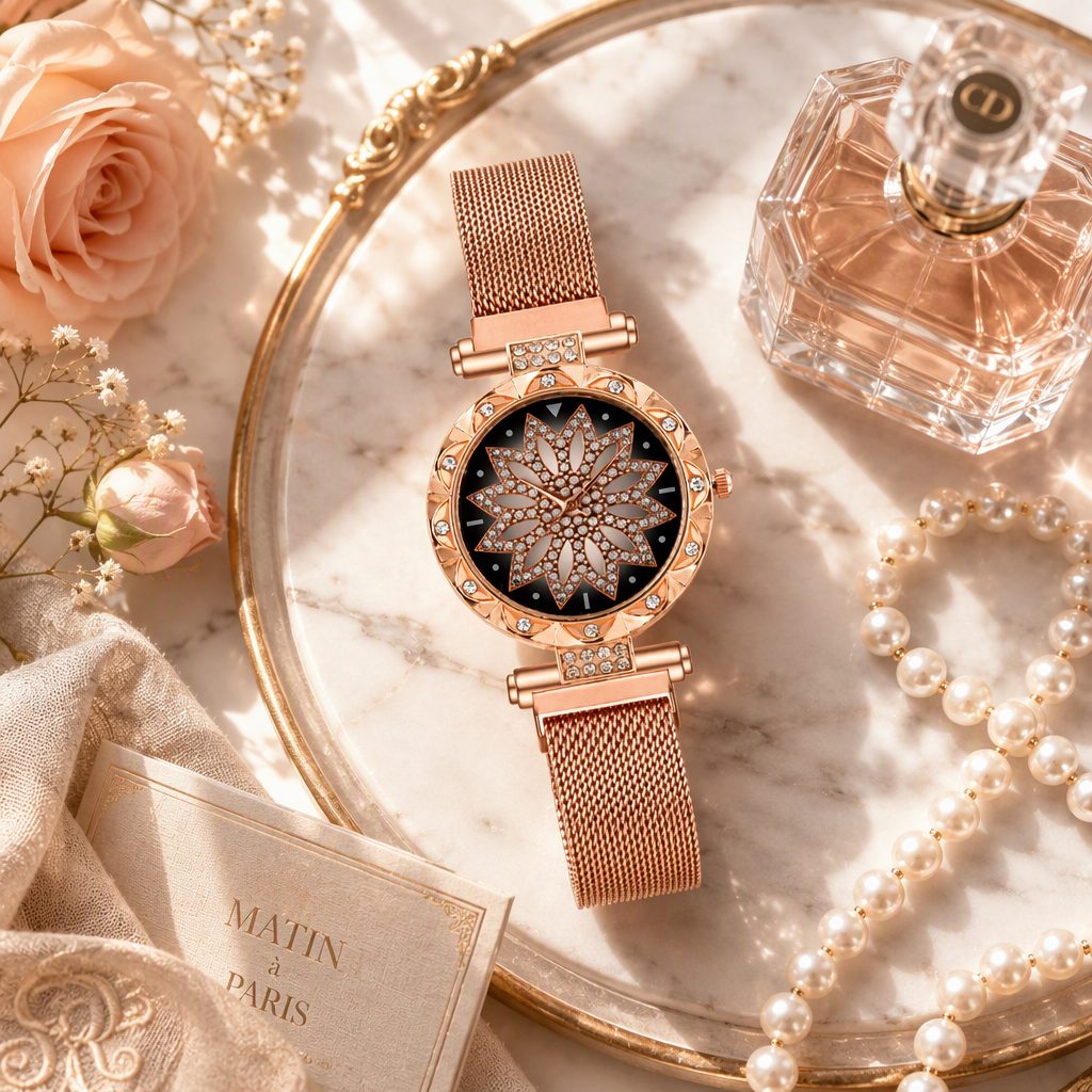 Sparkling Diamond Lotus Mandala Watch for Women - Rose Gold Milanese Mesh Strap Starburst Crystal Accented Luxury Timepiece — photo 6