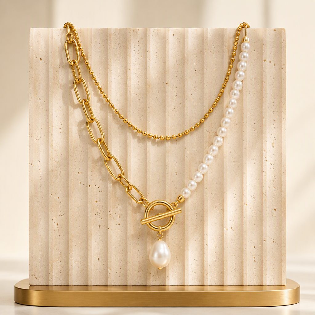 Women's Asymmetric Half Pearl Half Paperclip Chain Layered Necklace | 18K Gold OT Toggle Baroque Pearl Droplet Choker
