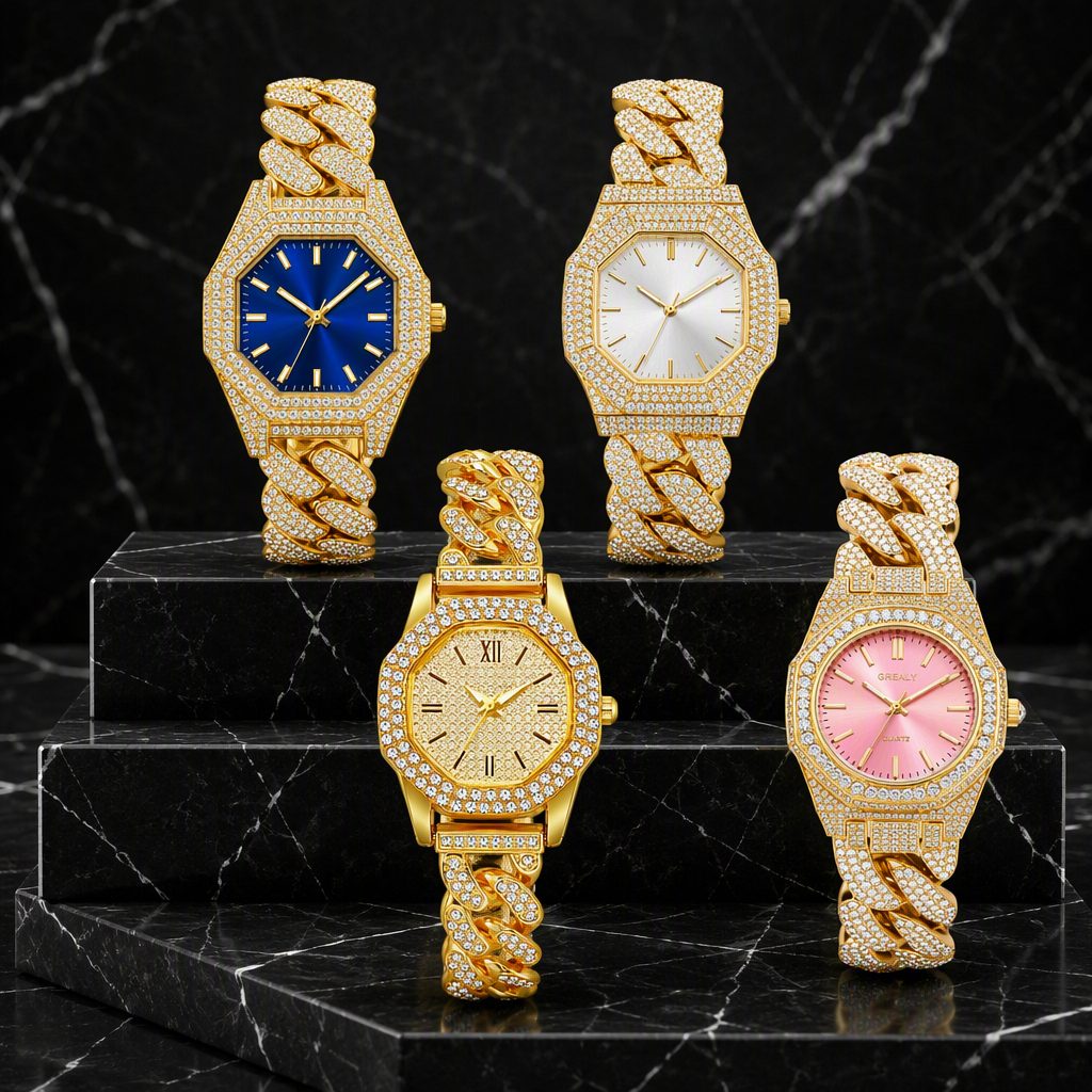 Luxury Full Iced-Out Pavé Rhinestone Octagonal Watch | Heavy Miami Cuban Link Chain Quartz Watch