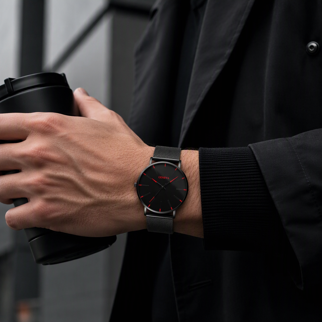 GENEVA Ultra-Thin Minimalist Men's Watch - Matte Black Dial with Crimson Red Accents & Milanese Mesh Steel Band — photo 4