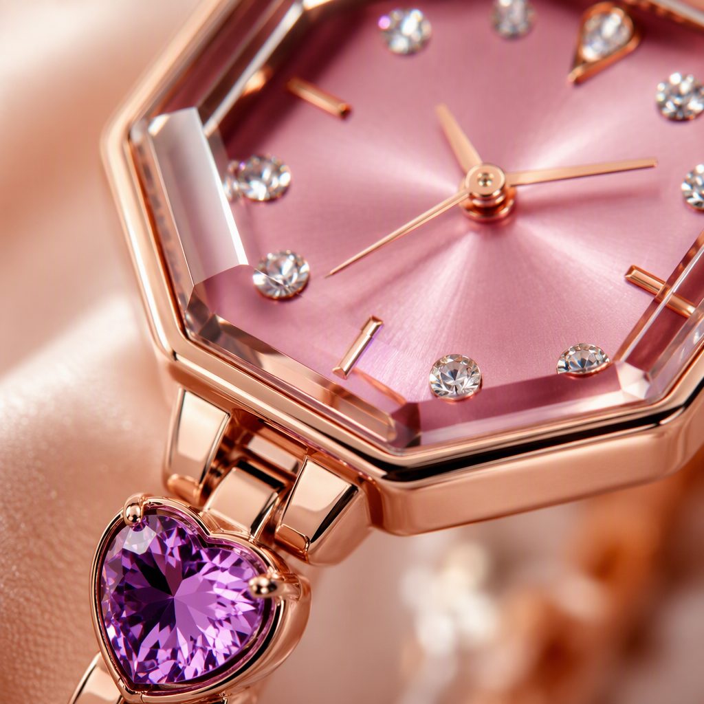 Romantic Heart Crystal Bracelet Watch for Women - Rose Gold Octagonal Faceted Bezel Pastel Pink Dial Jewelry Timepiece — photo 6