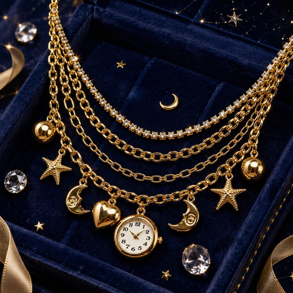Celestial Multi-Layer Charm Necklace Watch for Women - Star Moon Heart Dangle Charms Layered Bracelet Timepiece