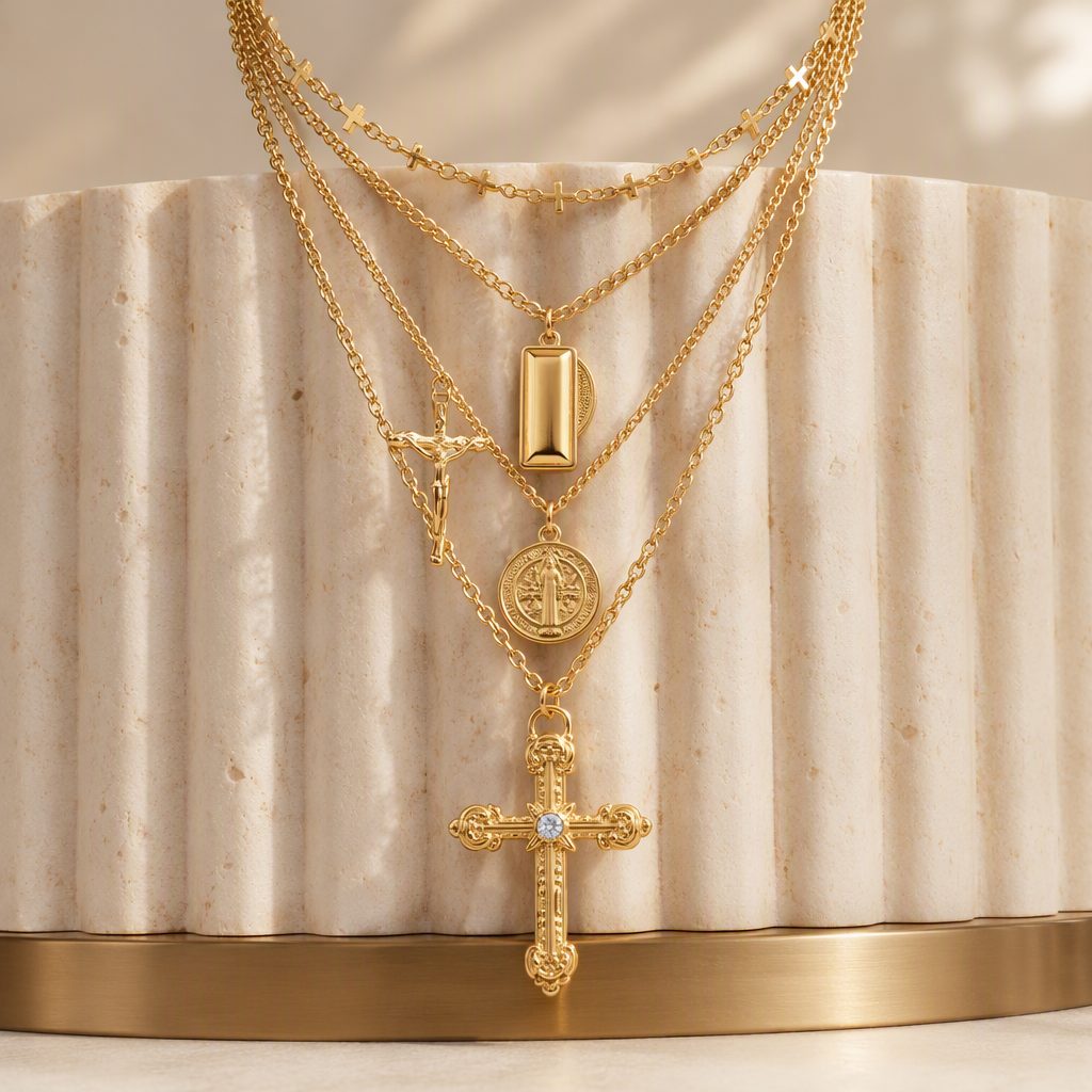 Women's Vintage Baroque Cross & Medallion Layered Necklace Set | Multi-Strand Rosary Choker Gold Crucifix Pendant Necklace — photo 2
