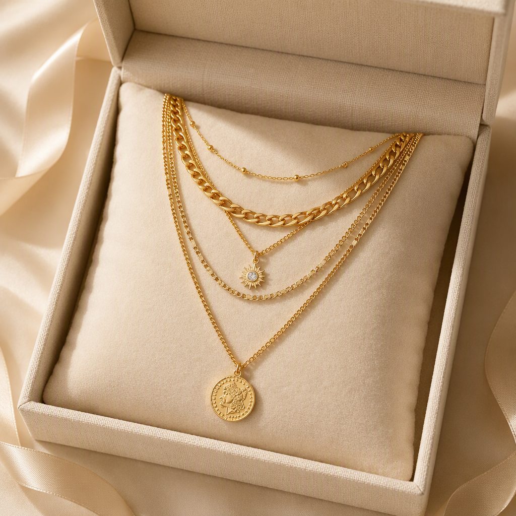 Women's 5-Layer Multi-Strand Gold Layered Necklace Set | Vintage Roman Coin Medallion & Crystal Sunburst Pendant Cuban Chain Choker — photo 5