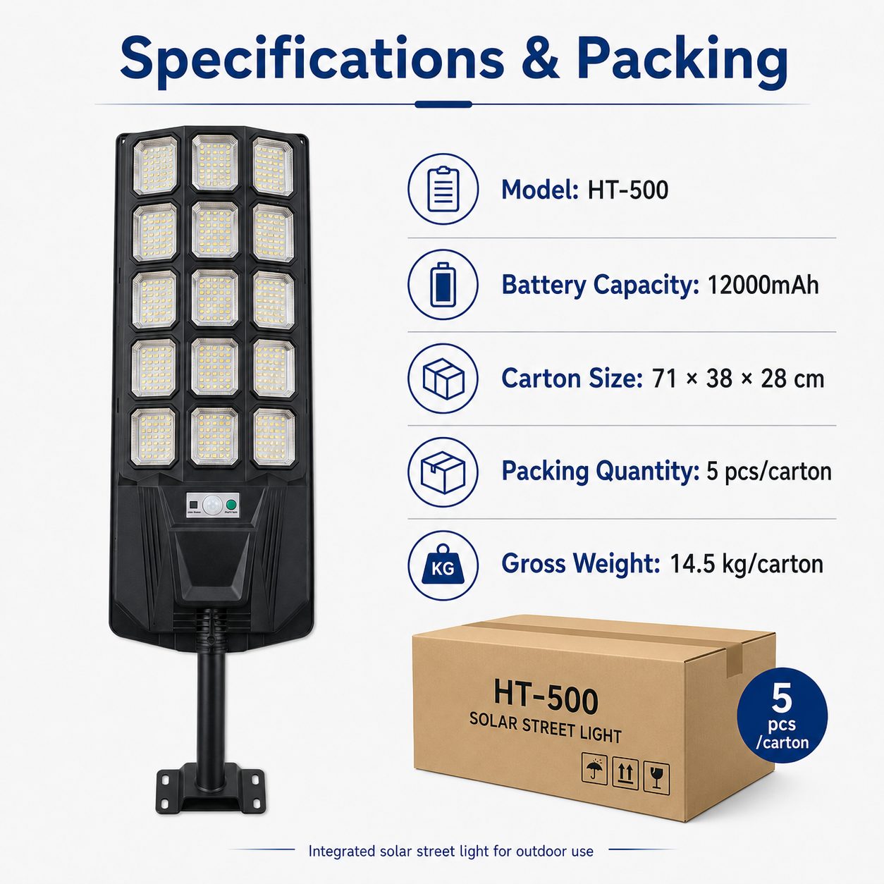 HT-500 Solar Street Light with Motion Sensor – 3-Side Wide-Angle LED Outdoor Light, 12000mAh — photo 5