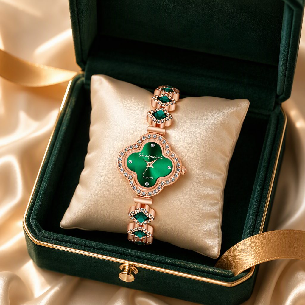 Luxury Women's Lucky Four-Leaf Clover Emerald Green Dial Bracelet Watch | Rose Gold Rhinestone Halo Jewelry Quartz Watch