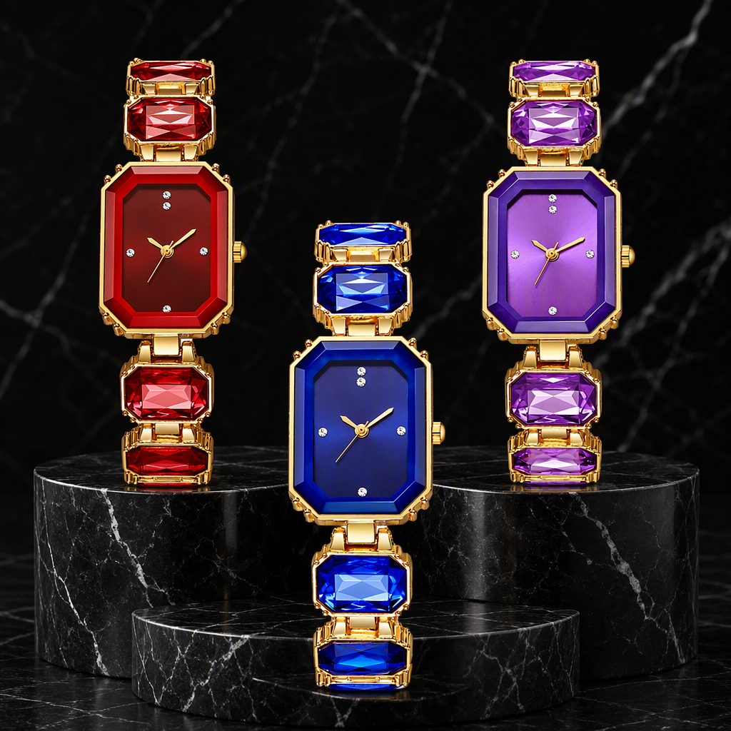Luxury Women's Emerald-Cut Octagonal Beveled Watch | Gold Faceted Gemstone Block Bracelet Quartz Watch