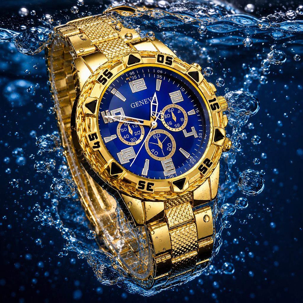 GENEVA Men's Luxury Gold Chronograph Watch - Royal Blue Sunray Dial with Textured Metal Bracelet — photo 6