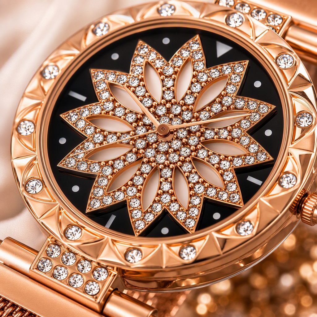 Sparkling Diamond Lotus Mandala Watch for Women - Rose Gold Milanese Mesh Strap Starburst Crystal Accented Luxury Timepiece — photo 7