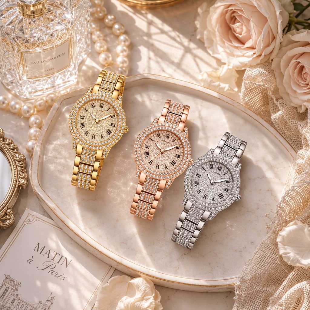 Luxury Full Pave Diamond Women Quartz Watch - Sparkling Roman Numeral Crystal Dress Watch (Gold / Rose Gold / Silver) — photo 3