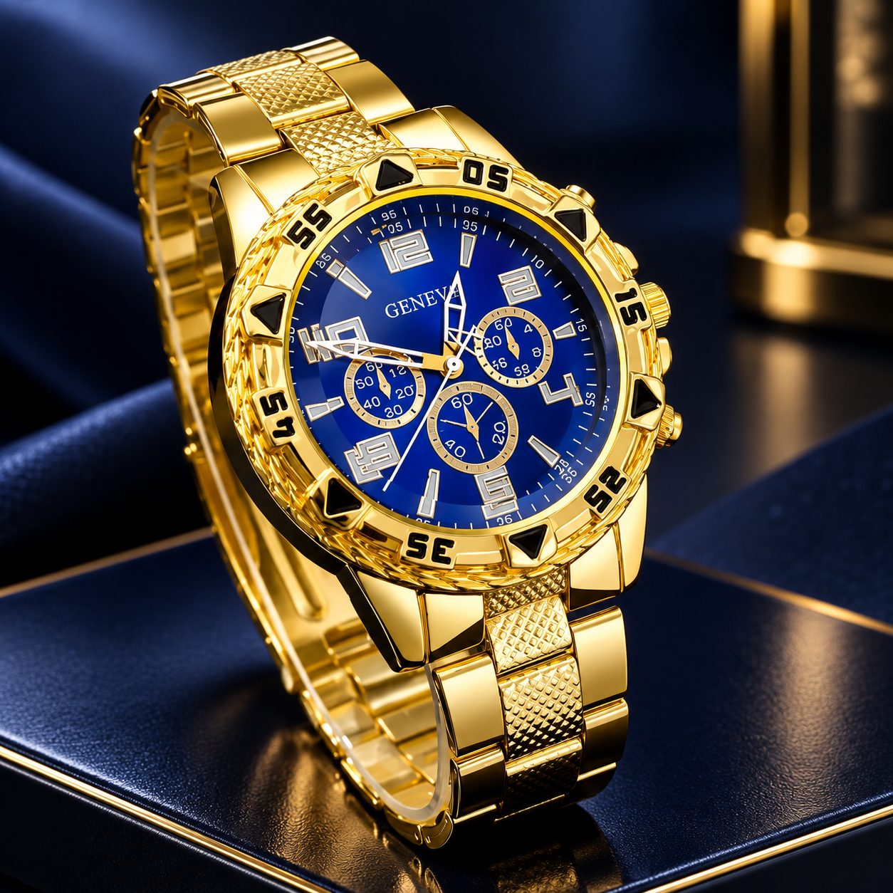 GENEVA Men's Luxury Gold Chronograph Watch - Royal Blue Sunray Dial with Textured Metal Bracelet — photo 7