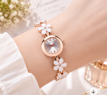 Sweet White Daisy Enamel Bracelet Watch for Women - Rose Gold Floral Chain Crystal Accent Japanese Mori Girl Timepiece — photo 7