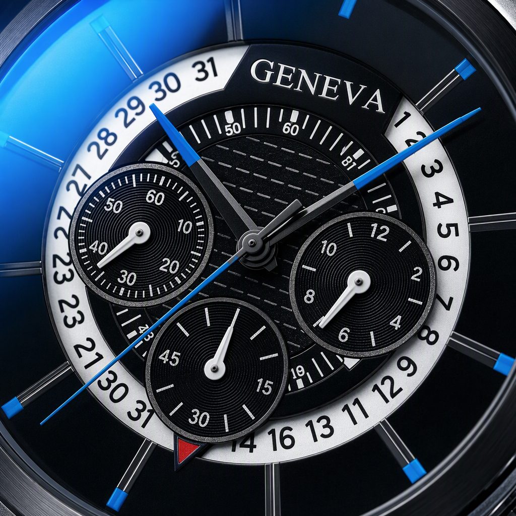 GENEVA Luxury Business Men's Chronograph Watch - Unique Curved Calendar Wheel & Blue-Ray Crystal Dial (Silver / Gold) — photo 5