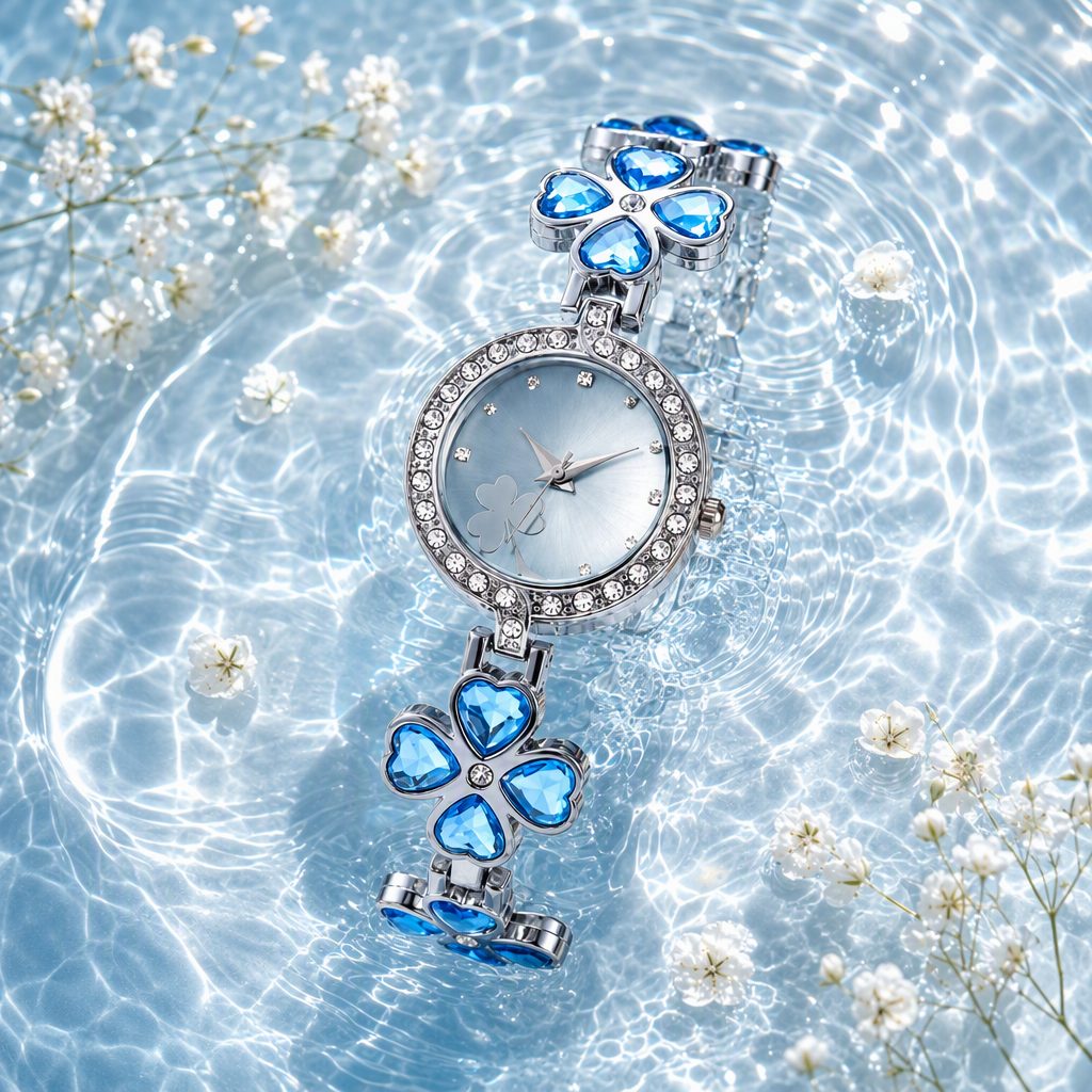 Lucky Four-Leaf Clover Crystal Bracelet Watch for Women - Heart-Cut Ocean Blue Crystal Rhinestone Halo Bangle Timepiece — photo 6