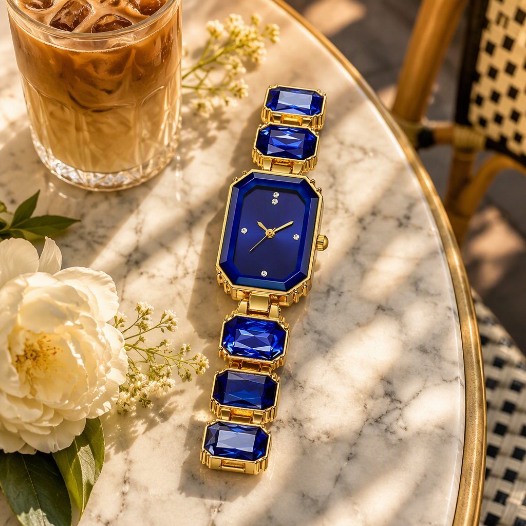 Luxury Women's Emerald-Cut Octagonal Beveled Watch | Gold Faceted Gemstone Block Bracelet Quartz Watch — photo 2