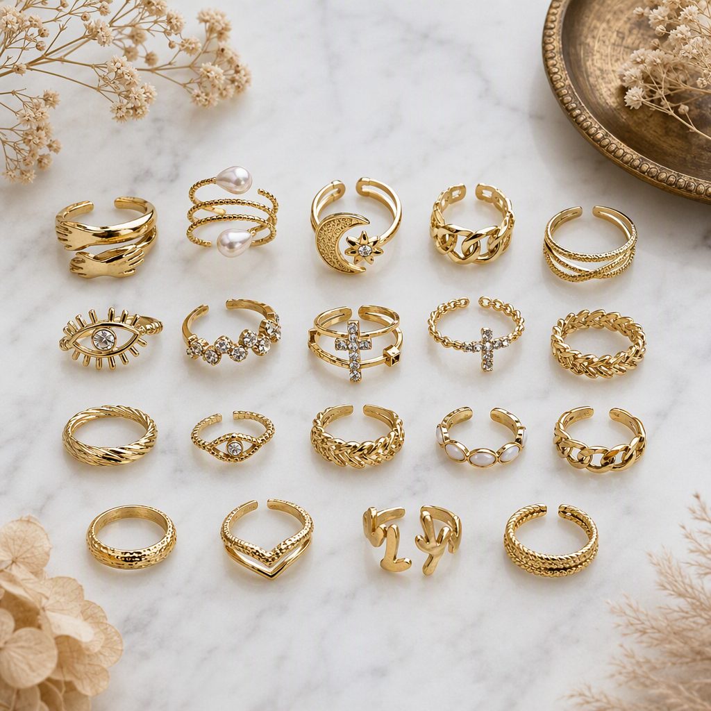 Women's Bohemian Vintage Gold Knuckle Midi Ring Set | Crystal Evil Eye Crescent Moon Pearl Hugging Hands Stacking Rings — photo 7