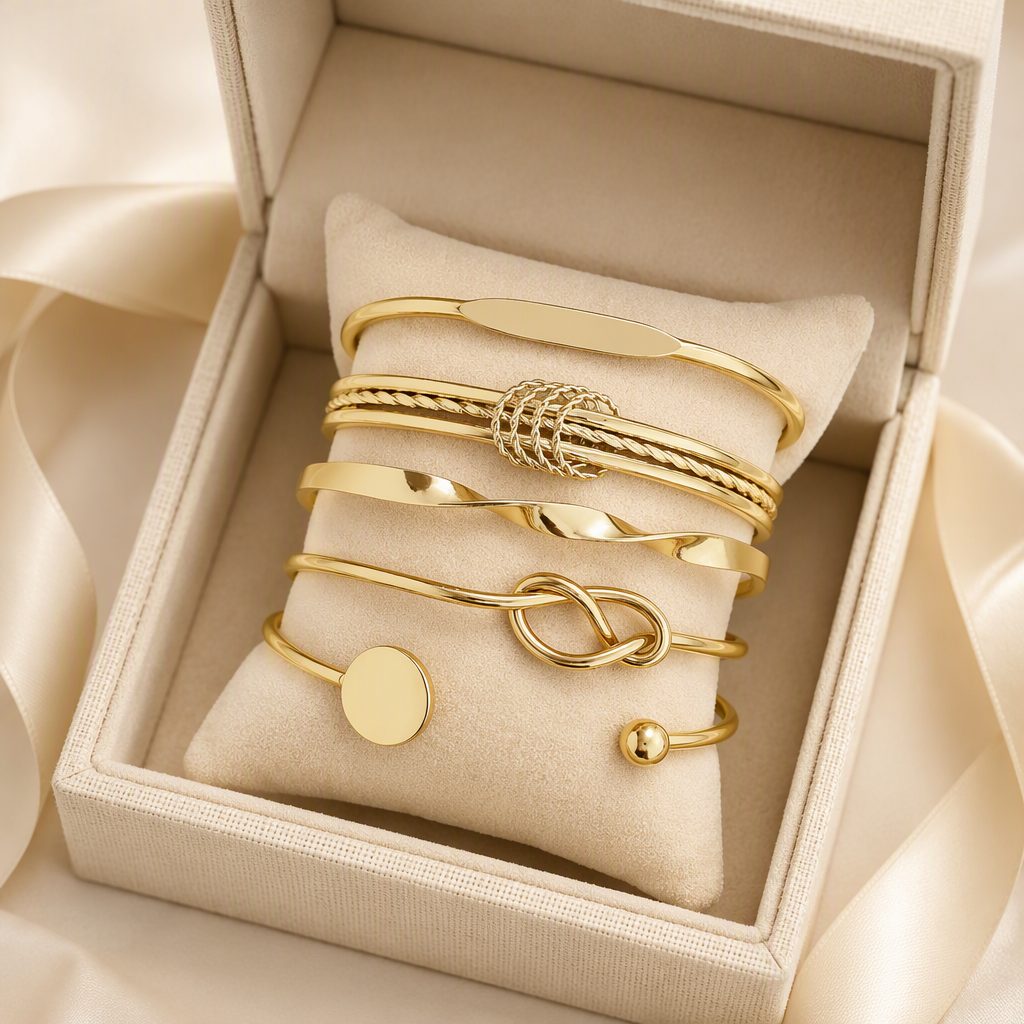 Women's Minimalist Open Cuff Bangle Bracelet Set | Layered Twisted Rope Knot Geometric Disc Stacking Bangles (Gold / Silver 5-Piece Set) — photo 6