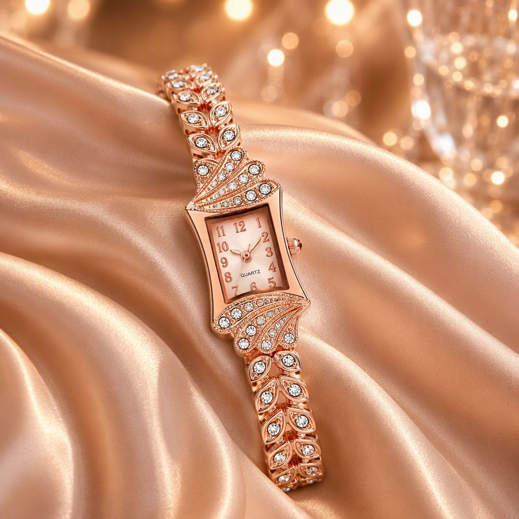 Vintage Feather Wing Diamond Bracelet Watch for Women - Rose Gold Curved Rectangular Case Wheat Leaf Jewelry Timepiece — photo 5