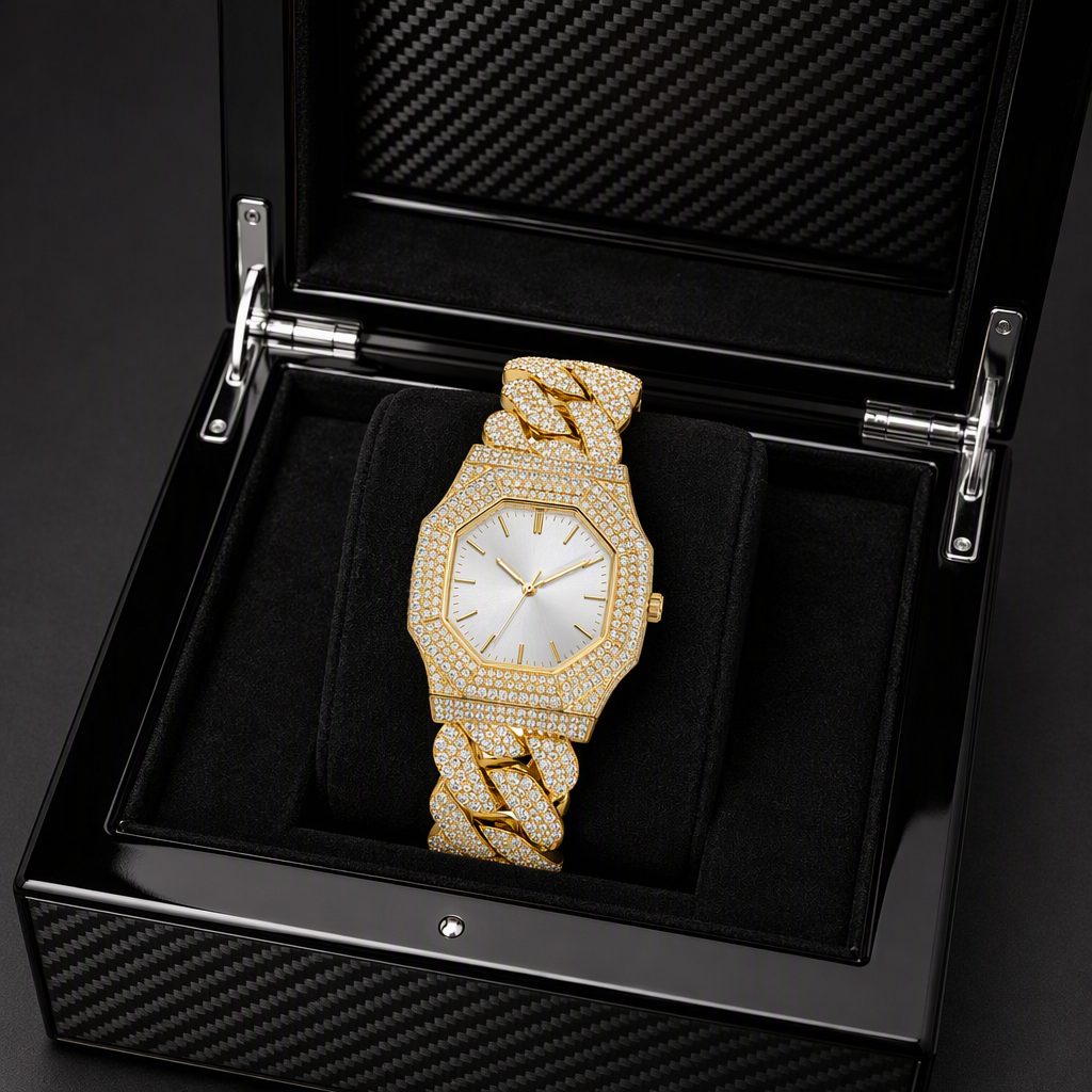 Luxury Full Iced-Out Pavé Rhinestone Octagonal Watch | Heavy Miami Cuban Link Chain Quartz Watch — photo 4