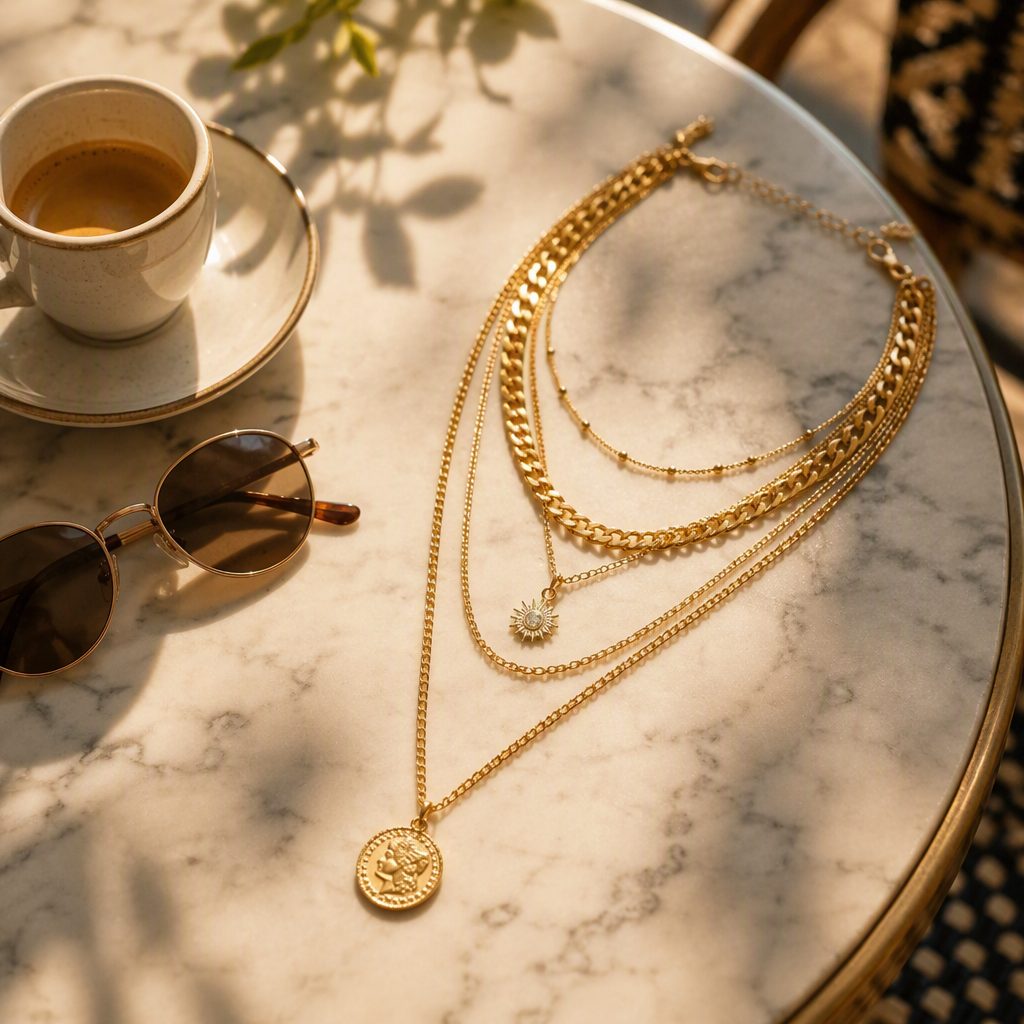 Women's 5-Layer Multi-Strand Gold Layered Necklace Set | Vintage Roman Coin Medallion & Crystal Sunburst Pendant Cuban Chain Choker — photo 3