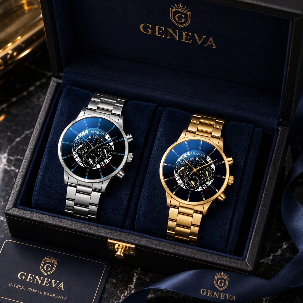GENEVA Luxury Business Men's Chronograph Watch - Unique Curved Calendar Wheel & Blue-Ray Crystal Dial (Silver / Gold)