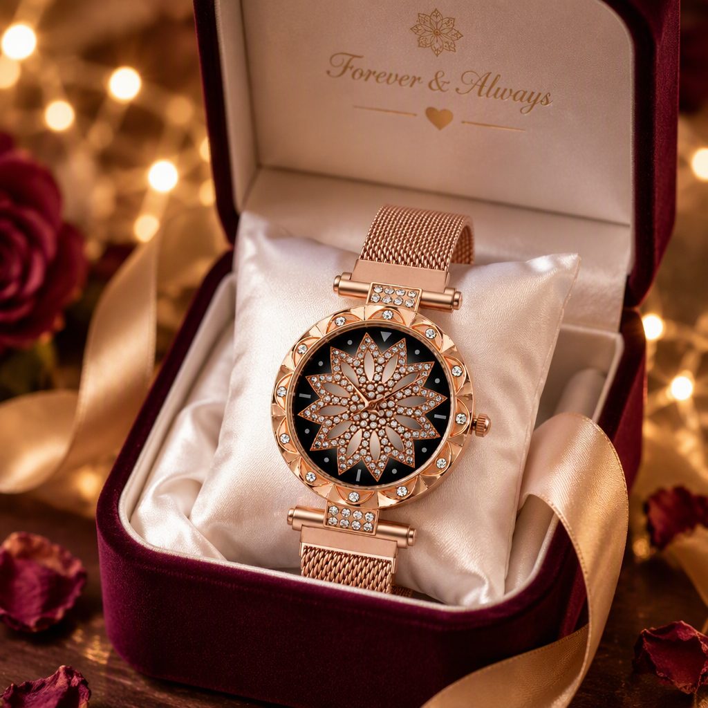 Sparkling Diamond Lotus Mandala Watch for Women - Rose Gold Milanese Mesh Strap Starburst Crystal Accented Luxury Timepiece
