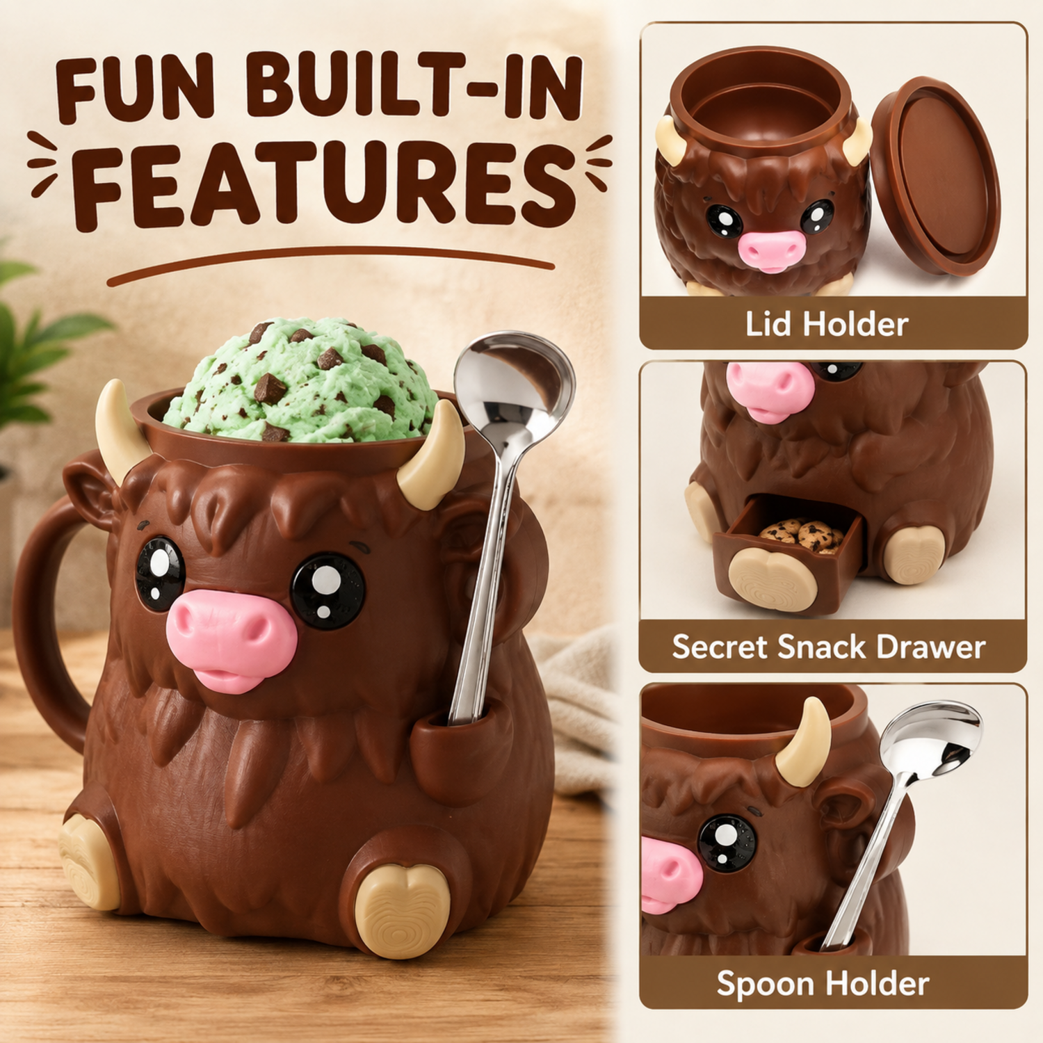 Ice Cream Pint Holder with Handle & 2 Spoons Cute Animals Ices Creams Cooler Containers for 16Oz Pints Leak Proof Can Cups Highland Cow Lover Gifts — photo 2