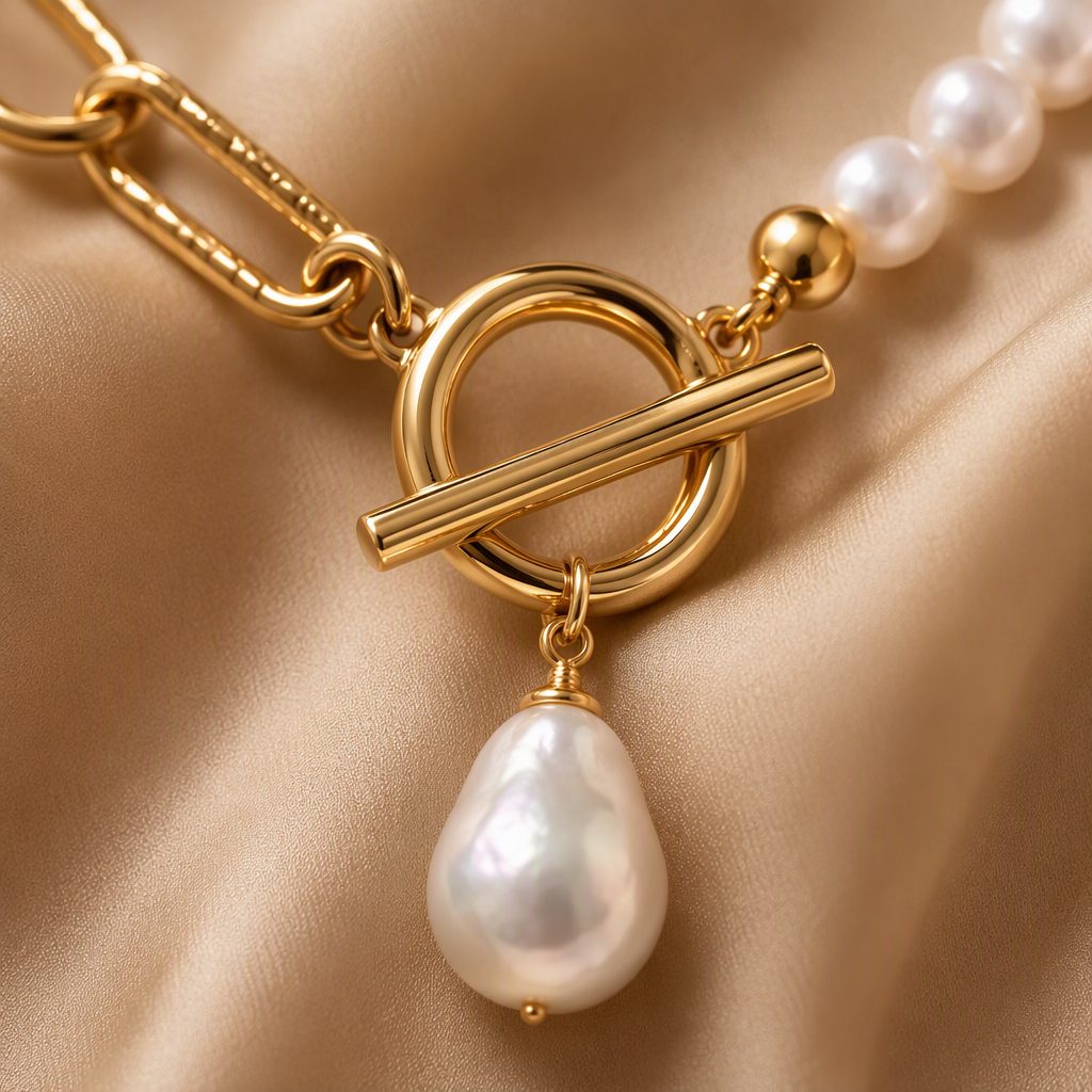 Women's Asymmetric Half Pearl Half Paperclip Chain Layered Necklace | 18K Gold OT Toggle Baroque Pearl Droplet Choker — photo 6