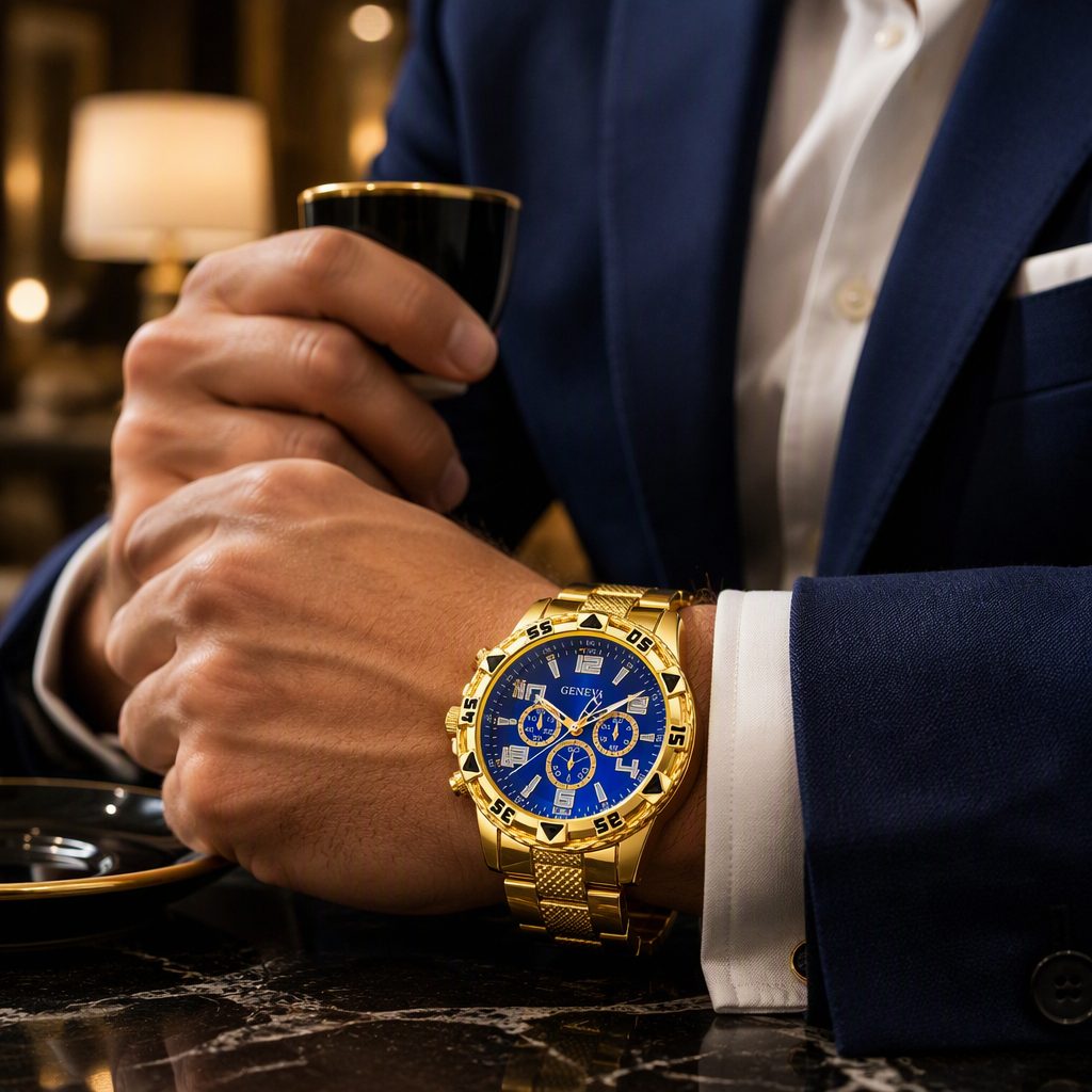 GENEVA Men's Luxury Gold Chronograph Watch - Royal Blue Sunray Dial with Textured Metal Bracelet — photo 5