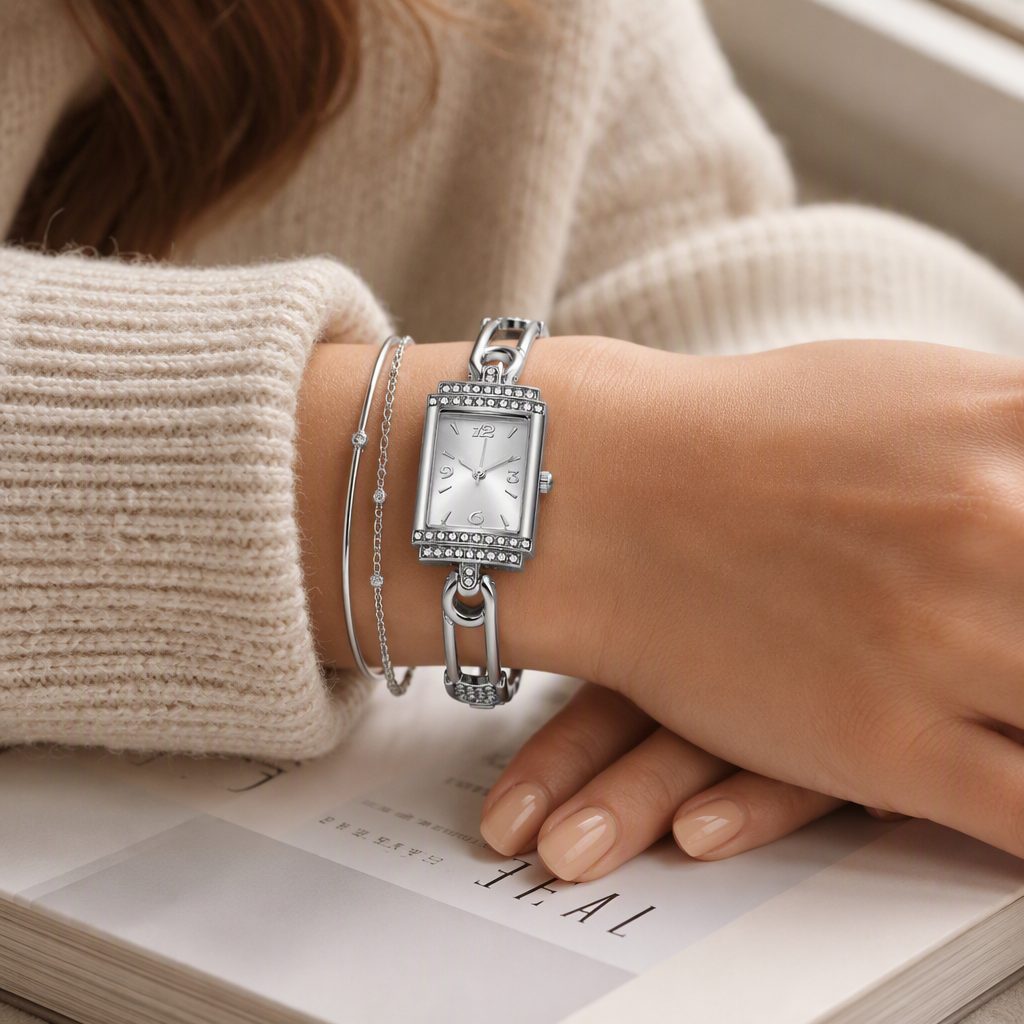 Vintage Women's Rectangular Tank Chain Bracelet Watch | Double-Row Rhinestone Bezel Quartz Dress Watch — photo 2