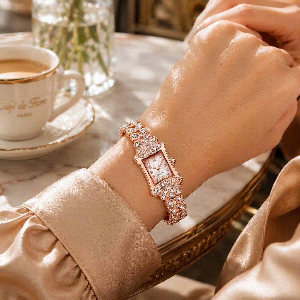 Vintage Feather Wing Diamond Bracelet Watch for Women - Rose Gold Curved Rectangular Case Wheat Leaf Jewelry Timepiece — photo 3