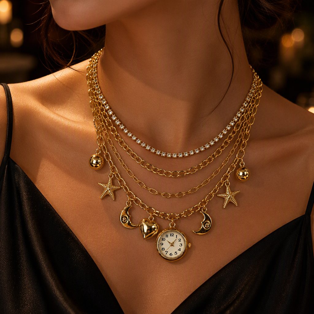 Celestial Multi-Layer Charm Necklace Watch for Women - Star Moon Heart Dangle Charms Layered Bracelet Timepiece — photo 3