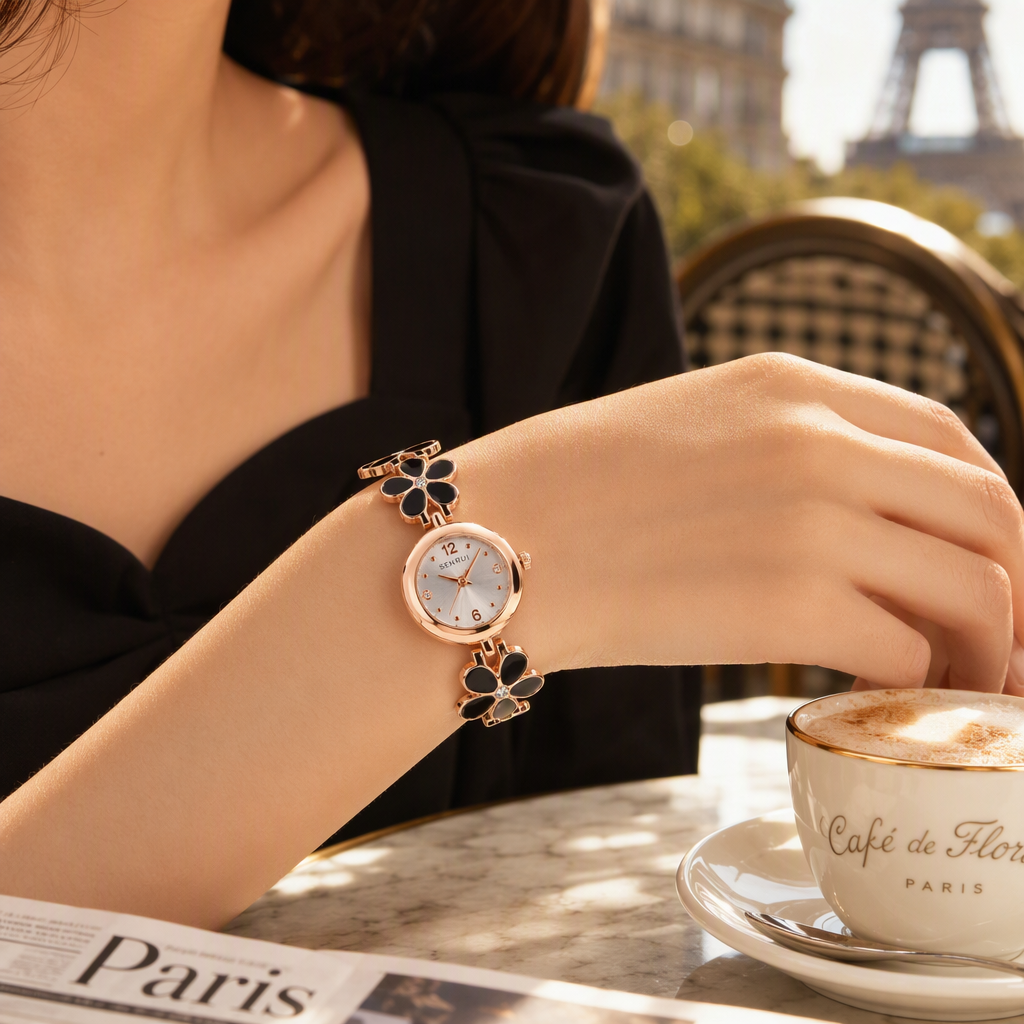 French Retro Black Enamel Camellia Flower Bracelet Watch for Women - Rose Gold Floral Chain Crystal Accent Hepburn Chic Timepiece — photo 4