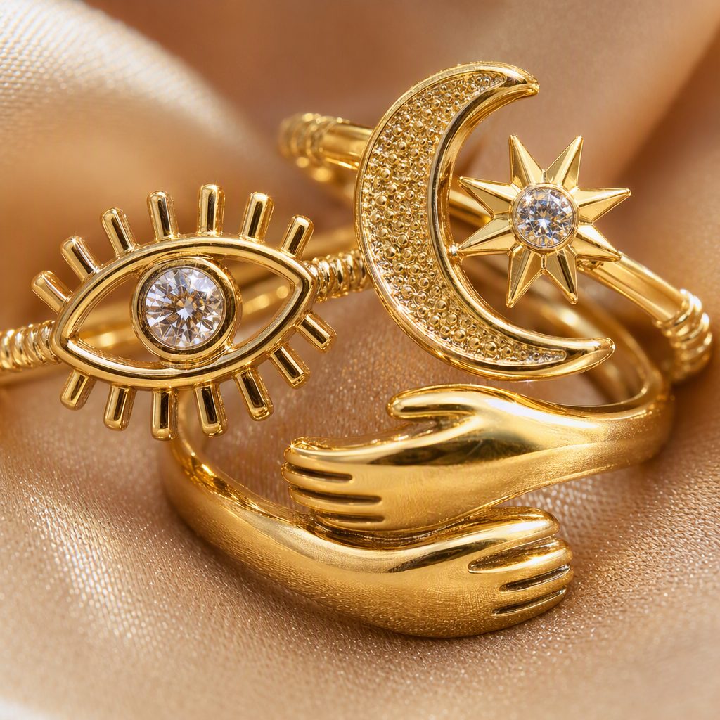 Women's Bohemian Vintage Gold Knuckle Midi Ring Set | Crystal Evil Eye Crescent Moon Pearl Hugging Hands Stacking Rings — photo 4