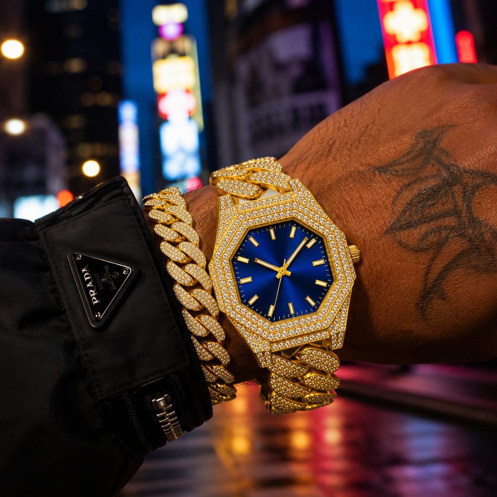 Luxury Full Iced-Out Pavé Rhinestone Octagonal Watch | Heavy Miami Cuban Link Chain Quartz Watch — photo 6