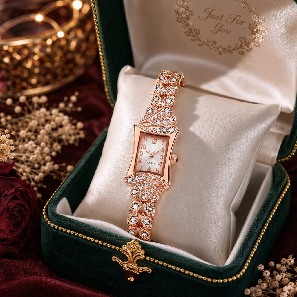 Vintage Feather Wing Diamond Bracelet Watch for Women - Rose Gold Curved Rectangular Case Wheat Leaf Jewelry Timepiece