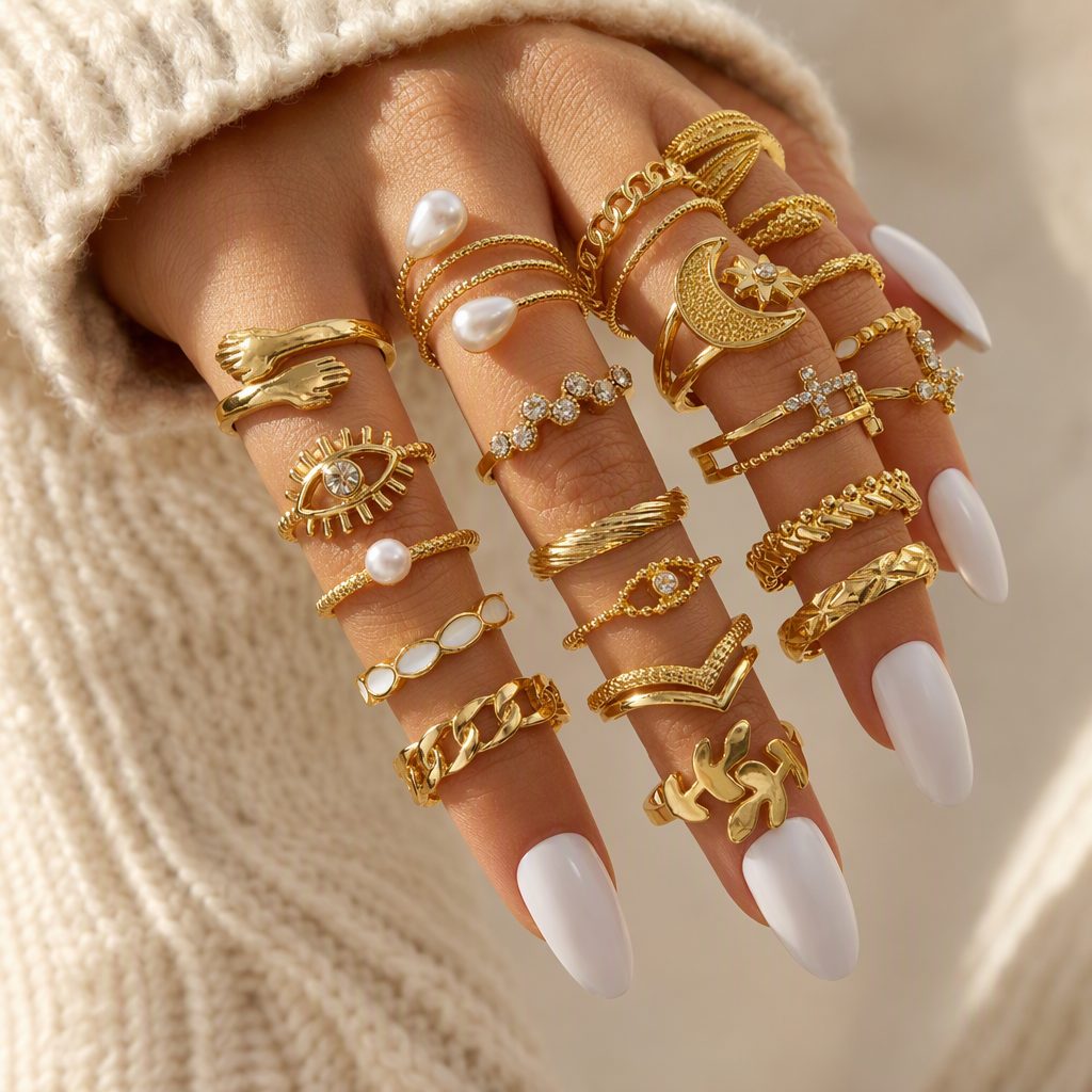 Women's Bohemian Vintage Gold Knuckle Midi Ring Set | Crystal Evil Eye Crescent Moon Pearl Hugging Hands Stacking Rings — photo 5