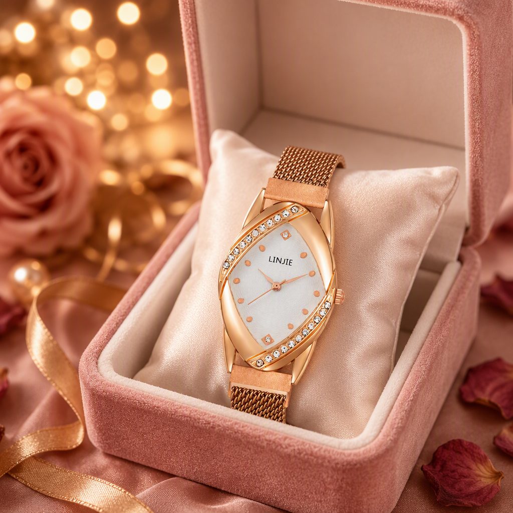 Avant-Garde Marquise Diamond Watch for Women - Rose Gold Crossover Crystal Curve Case Milanese Mesh Strap Timepiece