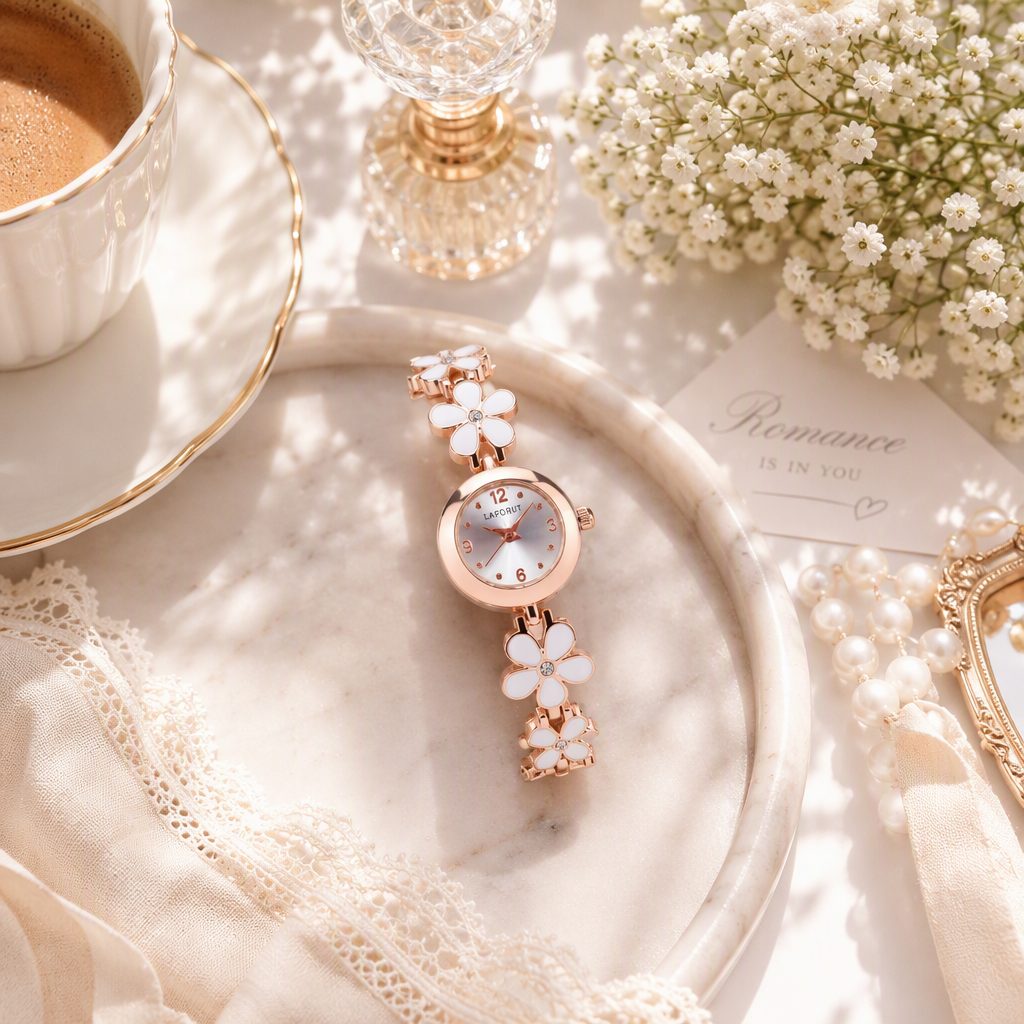 Sweet White Daisy Enamel Bracelet Watch for Women - Rose Gold Floral Chain Crystal Accent Japanese Mori Girl Timepiece — photo 3