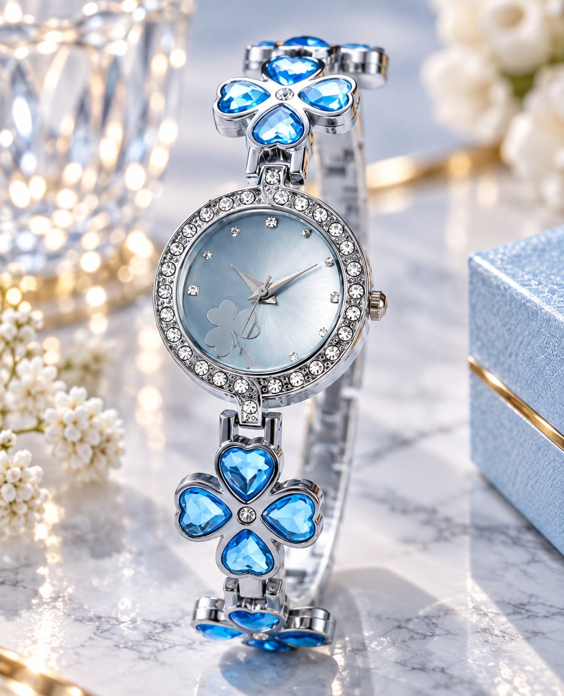 Lucky Four-Leaf Clover Crystal Bracelet Watch for Women - Heart-Cut Ocean Blue Crystal Rhinestone Halo Bangle Timepiece — photo 2