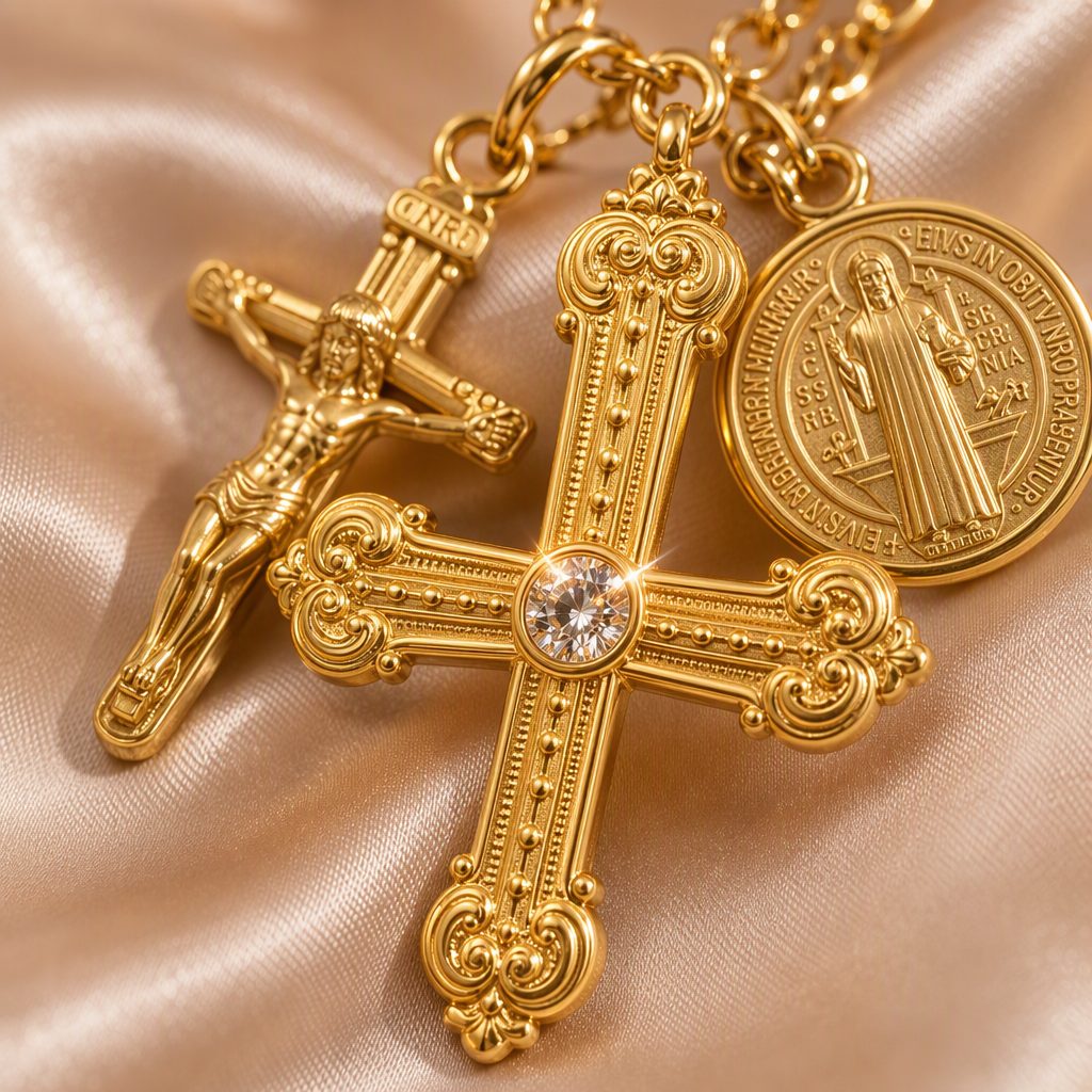 Women's Vintage Baroque Cross & Medallion Layered Necklace Set | Multi-Strand Rosary Choker Gold Crucifix Pendant Necklace — photo 4