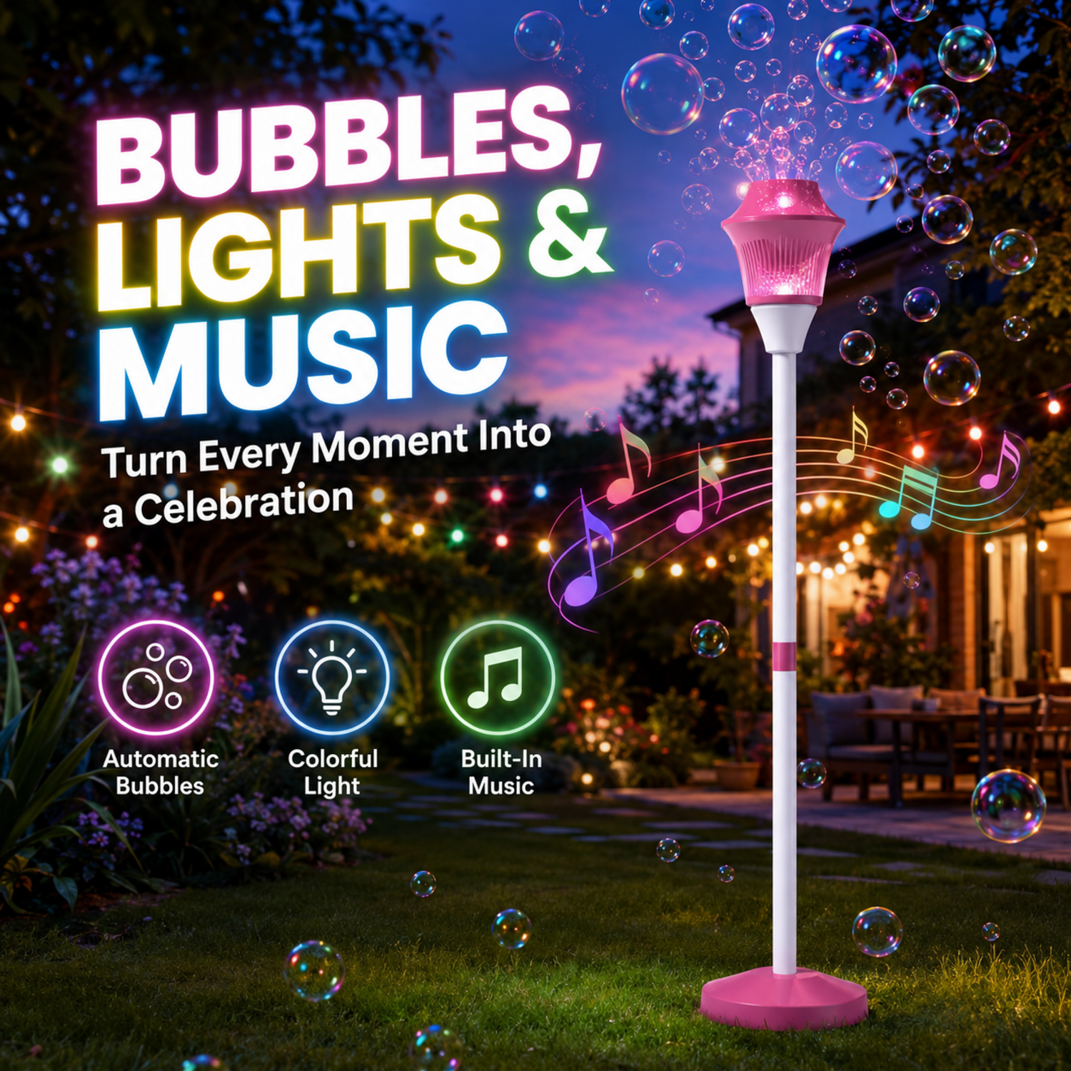 Adjustable Bubble Torch Garden Lamp with Lights & Music – Automatic Outdoor Bubble Machine, 3 Heights, Colorful Bubble Cap for Parties, Birthdays, Weddings, Camping & Backyard Fun — photo 2