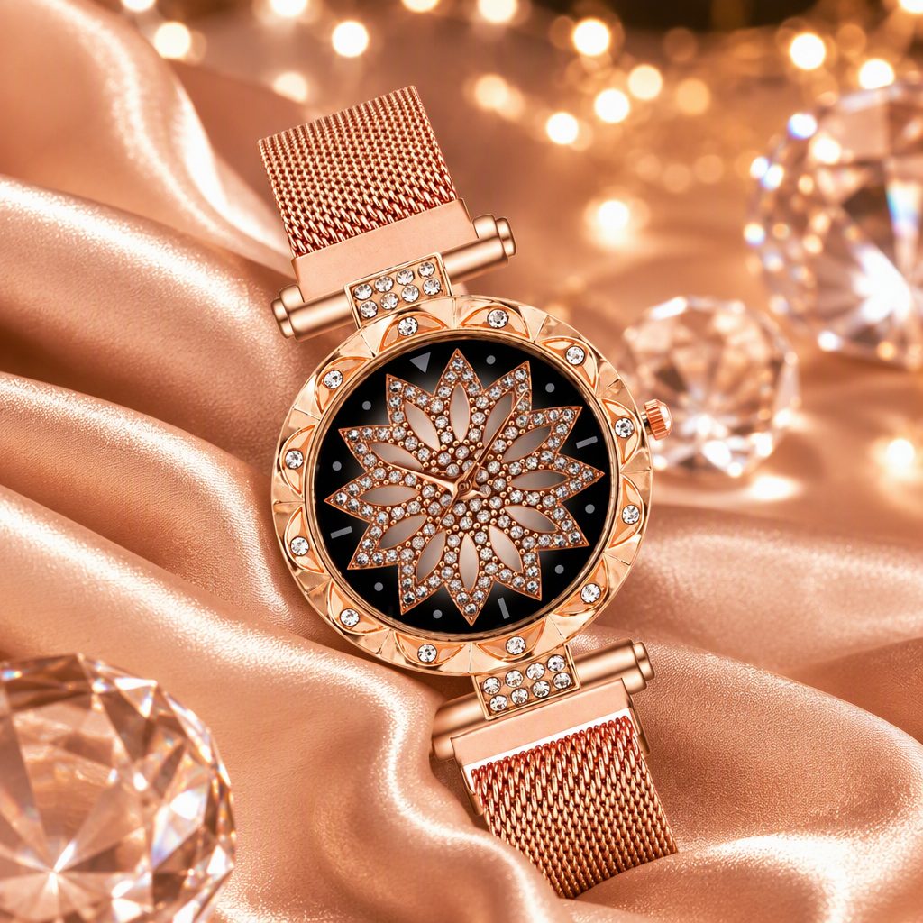 Sparkling Diamond Lotus Mandala Watch for Women - Rose Gold Milanese Mesh Strap Starburst Crystal Accented Luxury Timepiece — photo 5